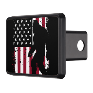 Trailer Hitch Cover featuring Bigfoot and distressed American flag