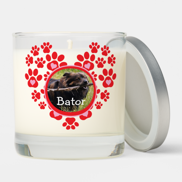 Custom Paw and Heart Candle. Vanilla and Sandalwood scent.