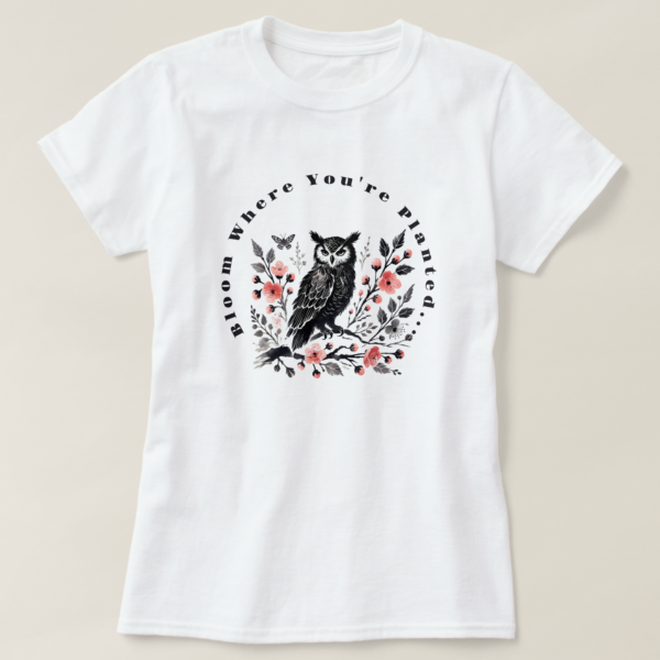 Owl on Blooming Branch T-Shirt - Image 2