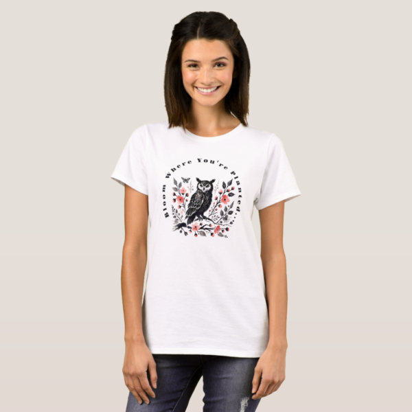 Owl on Blooming Branch T-Shirt - Image 3